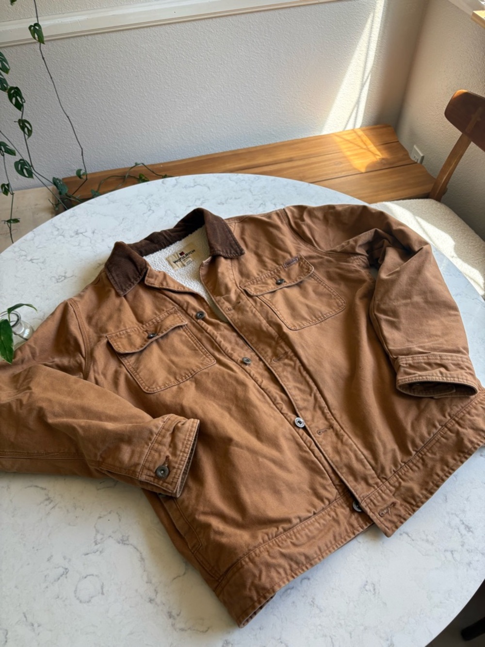 Woolrich Brown Sherpa-Lined Work Chore Jacket with Corduroy Collar